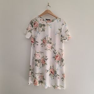 SHEIN | White & Pink Sheer Rose Floral Midi Dress